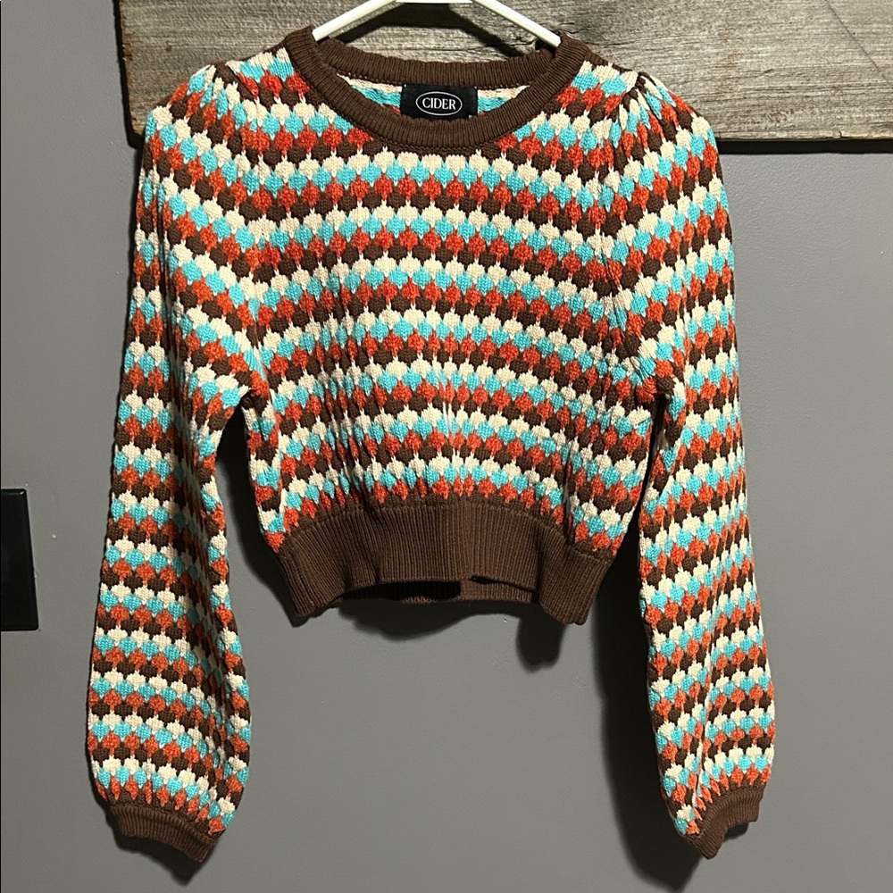 NWOT Cider Brown, Teal & Rust Cropped Geometric Knit Sweater